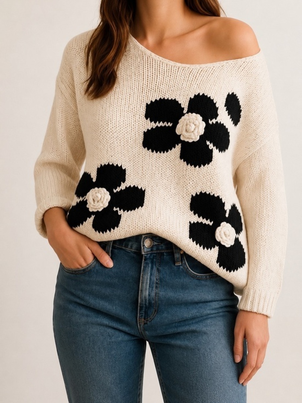Twinset Milano Cream Black 3D Floral Chunky-knit Oversized Two Tone Sweater